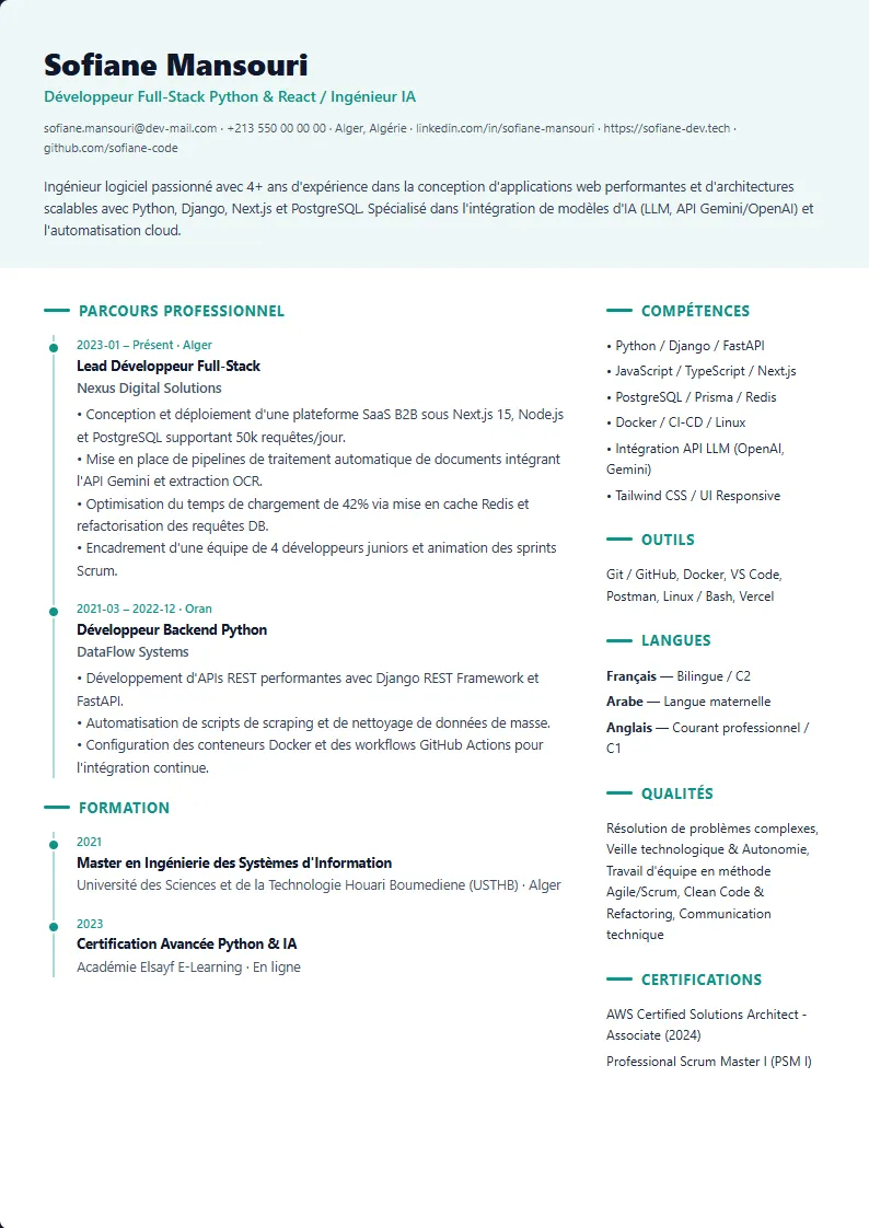 Aperçu du modèle de CV Chronologique